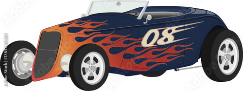 Dark blue classic roadster hot rod, featuring vibrant orange and red flame graphics 