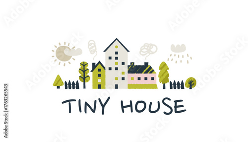Small scandinavian house with clouds in a cute doodle village.