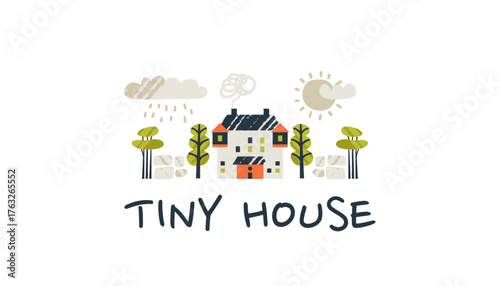 Cute small home with smoke on a doodle village street.