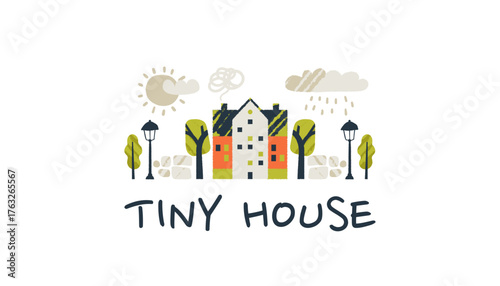 Tiny scandinavian village with small house and doodle trees.