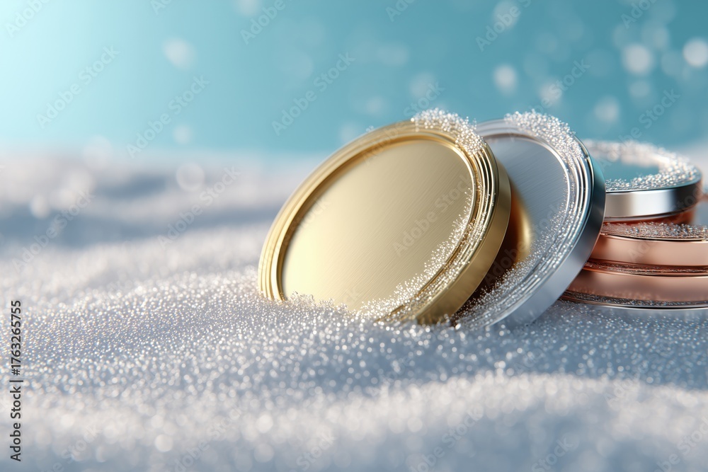 Fototapeta premium Gold Silver Bronze Medals Lying on Snow Minimal Winter Composition. Concept for the 2026 Winter Olympics Games. 