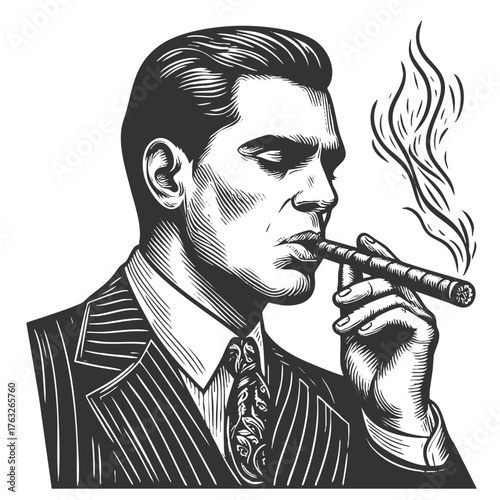 classic gangster wearing a pinstripe suit, fedora, sunglasses, and smoking a cigar sketch engraving generative ai fictional character vector illustration. Scratch board imitation. Black and white.
