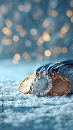  Olympic Medals on Snow with Blue Bokeh Lights Vertical Composition. Concept for the Winter Sports 2026 in Italy.