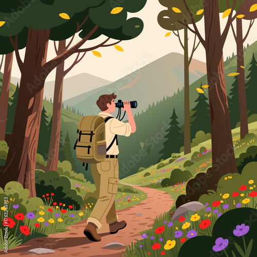 Explorer with Backpack and Binoculars in Scenic Mountain Trail