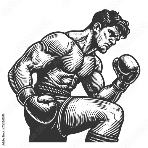 focused boxer in a fighting stance, highlighting power, discipline, and vintage athleticism sketch engraving generative ai fictional character vector illustration. Scratch board. Black and white image