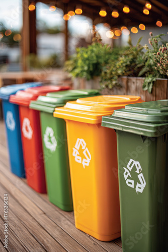 Colorful recycling bins in a garden setting