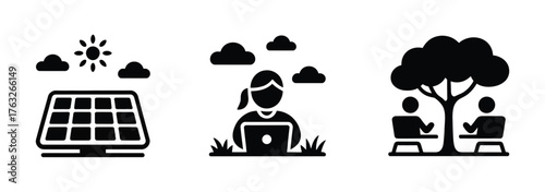 Solar Energy and Remote Work Icon Set — Vector Panel, Laptop, Outdoor Meeting, and Nature Symbols

