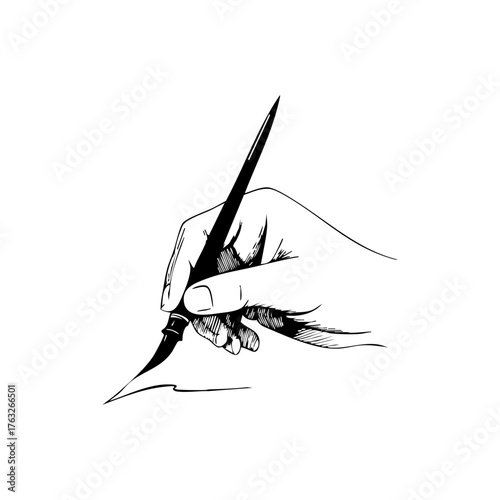 Hand of a calligrapher writing with a traditional pen, showcasing handwriting art, craftsmanship, and elegant penmanship.