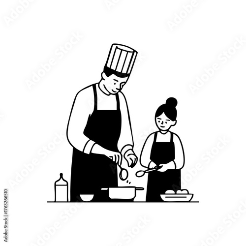 Chef teaching a young apprentice how to cook, representing mentorship, teamwork, and culinary education in the kitchen.