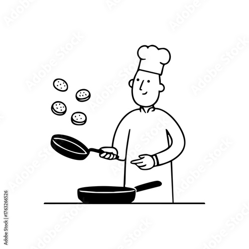 Chef flipping pancakes in a frying pan, representing cooking, breakfast preparation, culinary art, and joyful kitchen work.