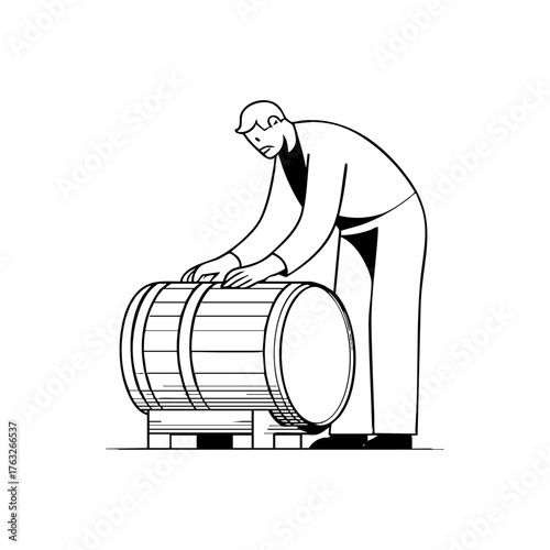 Cooper crafting and inspecting a wooden barrel, representing traditional craftsmanship, wine making, and artisanal production.