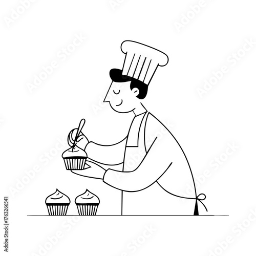 Male baker decorating cupcakes with icing, representing bakery craftsmanship, dessert preparation, and sweet culinary art.