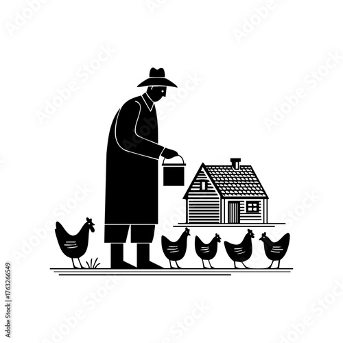 Farmer feeding chickens near a small farmhouse, representing sustainable rural life, agriculture, and self-sufficiency.