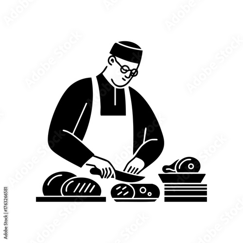 A butcher preparing and arranging various cuts of meat on a counter, representing traditional craftsmanship and food industry work.
