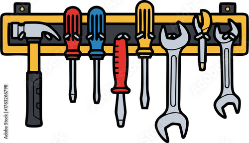 Cartoon Tool Rack with Hammer, Screwdrivers, and Wrenches Hanging on Yellow Support