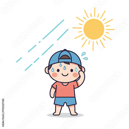 A cute cartoon boy perspiring and feeling hot under the blazing summer sun, illustrating the effects of high temperatures and the importance of staying cool and hydrated during warm weather