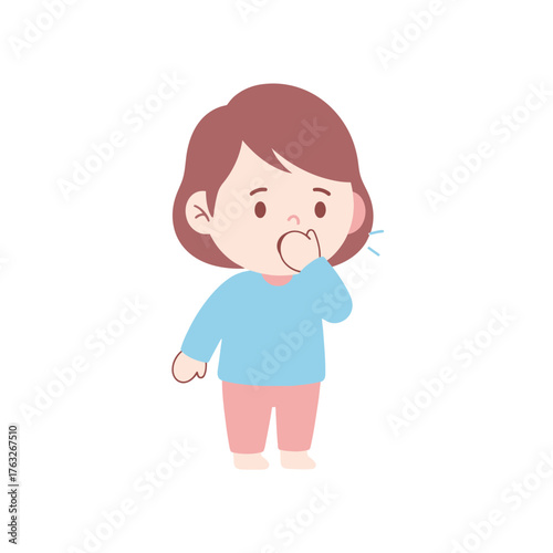 A young girl covers her mouth, possibly coughing or sneezing, against a white background, illustrating a common human ailment
