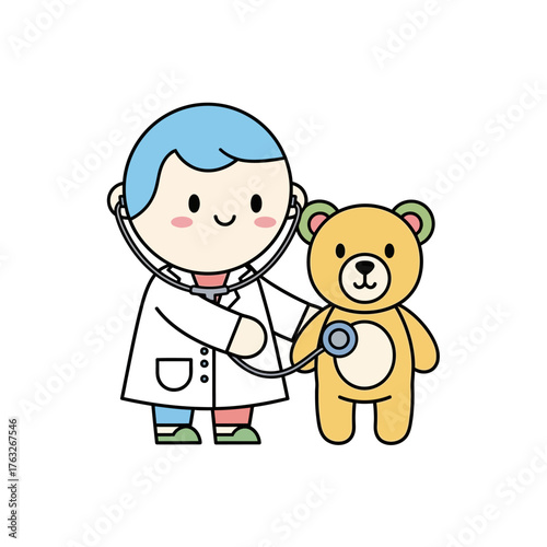 Cute cartoon doctor performing a health check-up on a teddy bear with a stethoscope, a friendly illustration symbolizing pediatric care, children's health, and learning about medical services