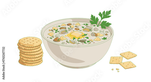 A Delicious Bowl of Creamy Soup Garnished with Fresh Parsley, Served with a Stack of Round Crackers