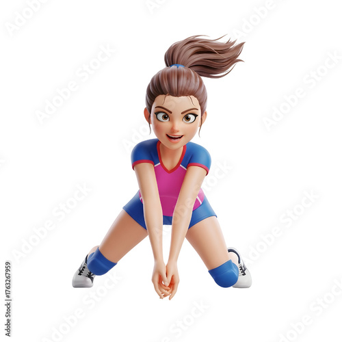 3D Cute Female player prepares for a ball receive in volleyball game on isolated white background