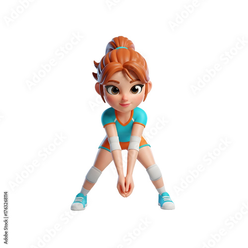 3D Cute Female player prepares for a ball receive in volleyball game on isolated white background
