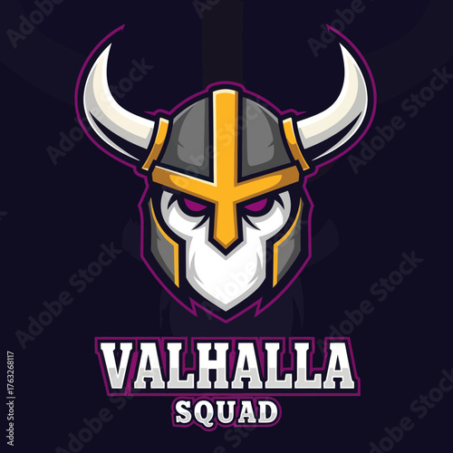 A stylized graphic logo featuring a fierce horned Viking warrior helmet with purple eyes above "VALHALLA SQUAD" text on a dark background.