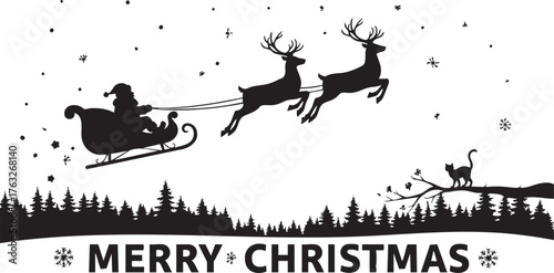 Santa's sleigh soars over snowy forest with reindeer as a curious cat watches the Christmas Eve magic unfold in a festive holiday scene