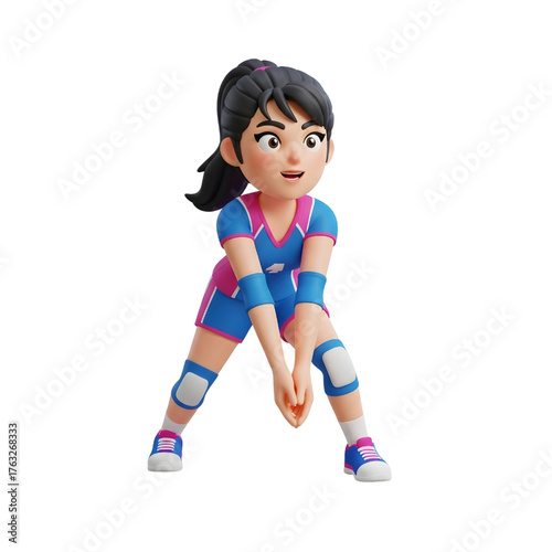 3D Cute Female player prepares for a ball receive in volleyball game on isolated white background