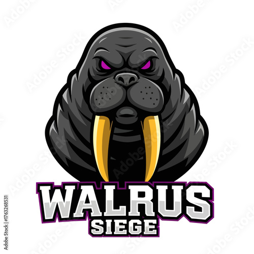 An intimidating walrus mascot logo with glowing purple eyes, golden tusks, and bold text reading 'Walrus Siege'.
