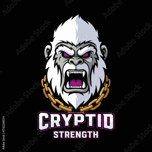 An aggressive white gorilla head illustration with purple eyes and an open mouth, wearing a golden chain, set against a black background with 'CRYPTID STRENGTH' text.