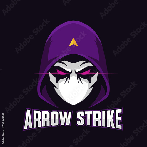 A stylized illustration of a masked figure in a purple hood, ready for action, with text.