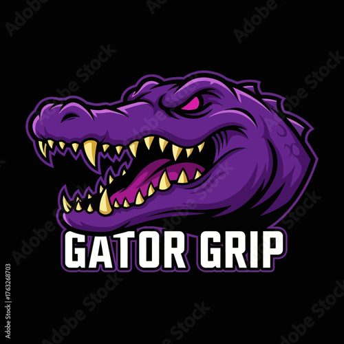 Stylized purple alligator head logo with fierce eyes and open jaws, displaying prominent teeth and a pink tongue, accompanied by the text 'GATOR GRIP' on a dark background.
