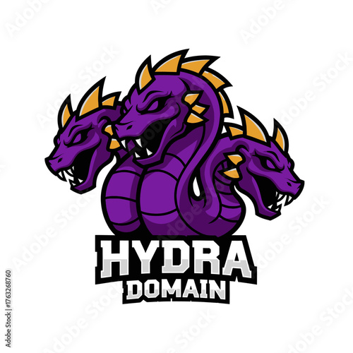 A fierce purple three-headed hydra mascot logo with yellow horns, positioned above the stylized text "HYDRA DOMAIN".