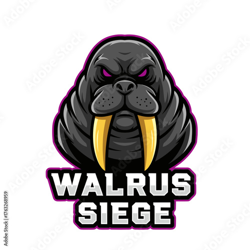 An aggressive walrus mascot logo with glowing purple eyes and large tusks, featuring the text 'Walrus Siege'.