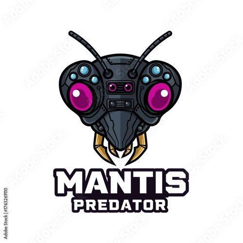 An aggressive cybernetic mantis head with glowing magenta eyes, a mascot logo for a predator team.