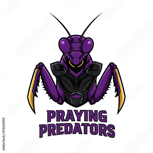 A stylized purple and black armored praying mantis illustration with gold accents, forming a powerful mascot logo above the text 'PRAYING PREDATORS'.