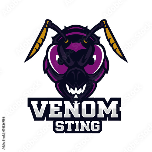 Stylized purple and black ant or wasp head logo with sharp mandibles and antennae, featuring the words "VENOM STING" below it.