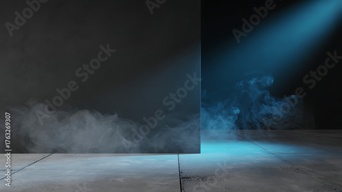 Dramatic blue spotlight illuminates smoky atmosphere in modern concrete space