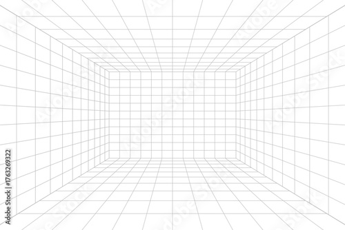Room perspective grid box in futuristic 3d style. Outline hud tech grid background, room projection. Wireframe grid template in perspective view. 