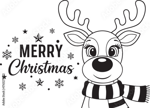 Adorable cartoon reindeer cheerfully wishing Merry Christmas with festive snowflakes and stars, perfect for holiday greetings and decorations