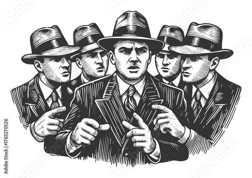 serious vintage mobsters in suits and hats, evoking classic crime and noir themes sketch engraving generative ai fictional character vector illustration. Scratch board imitation. Black and white image