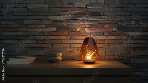 Warm ambient light from a decorative lamp on a stone wall background creates a cozy atmosphere.