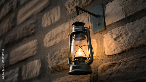 Vintage oil lantern casts a warm glow on a rustic stone wall at dusk.