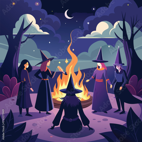 Five witches gathered around a campfire at night moon