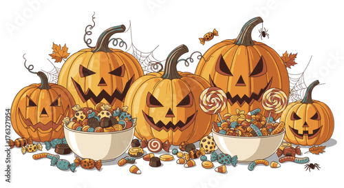 Spooky Halloween pumpkins and candy bowls overflowing with treats and spiders, perfect for festive decorations and spooky celebrations