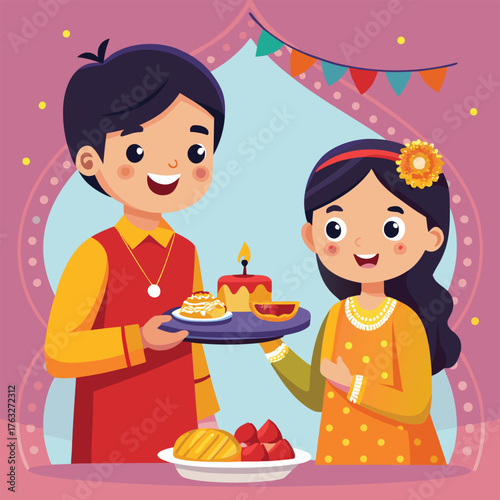 Brother and sister celebrating with cake and fruit