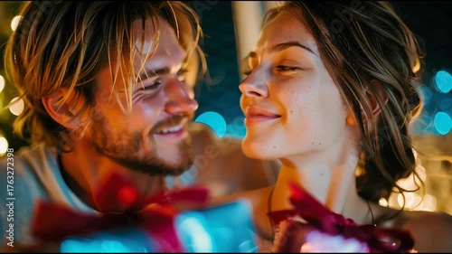Smiling couple exchanging holiday gifts surrounded by warm lights, capturing joy, love, and festive celebration