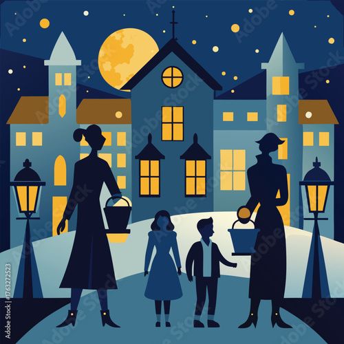 Family trick or treating at night with full moon and houses