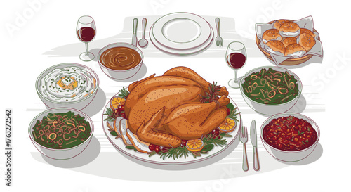 A festive and bountiful Thanksgiving dinner spread featuring a roasted turkey, side dishes, and wine, perfect for holiday celebrations
