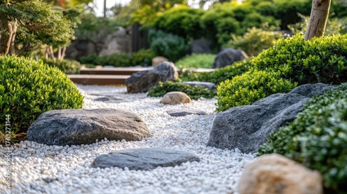 Tranquil Japanese Garden Path with White Pebbles and Lush Green Foliage